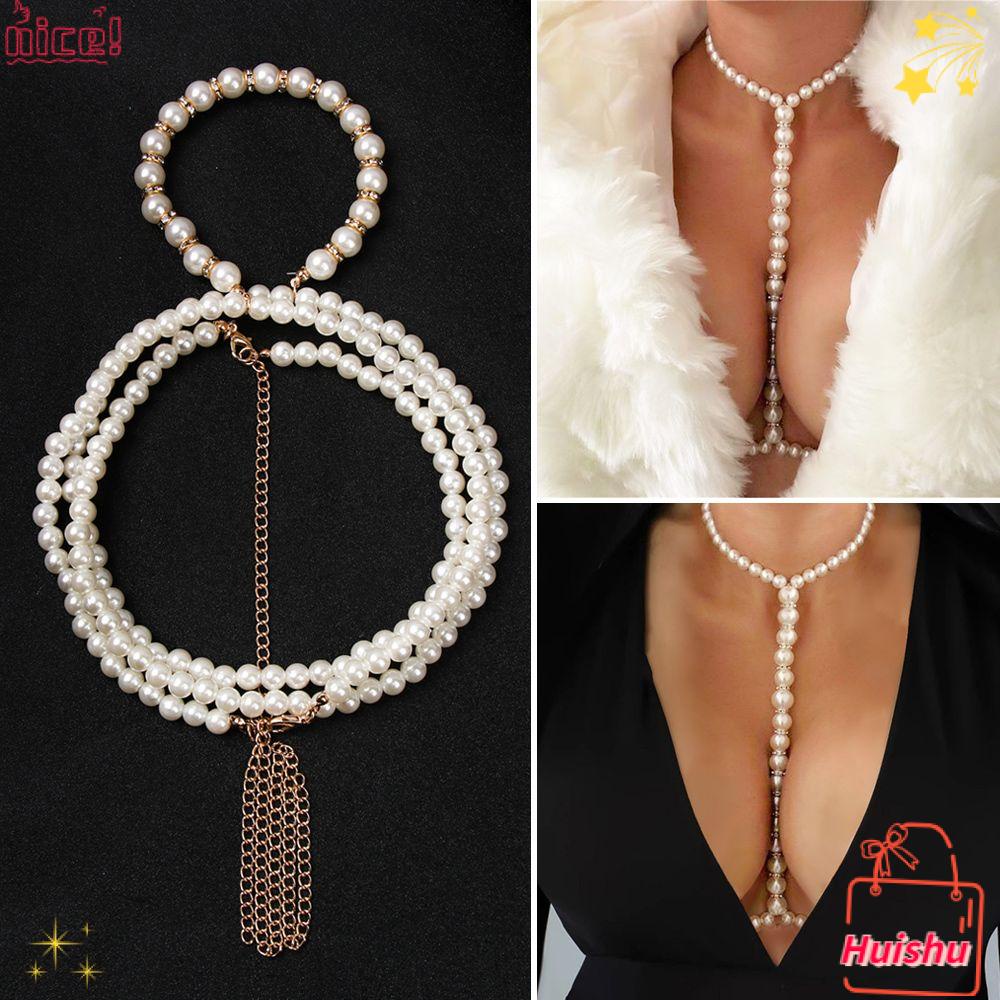 ✣HS✣ Beach Pearl Body Chain Party Necklace Bra Chest Chain Harness Women Jewelry Gift Delicate Accessories Sexy Belly Waist Chain Decoration Charm