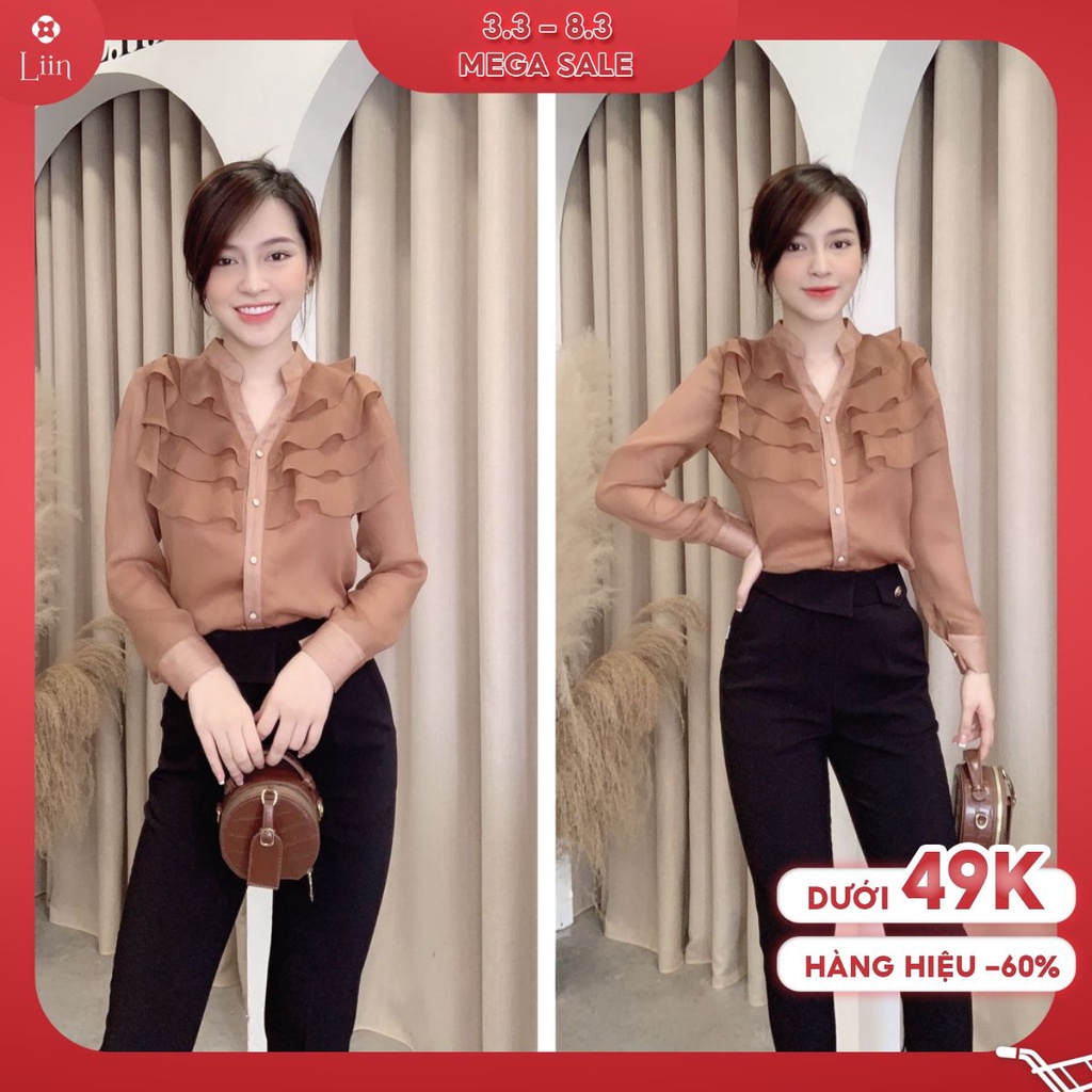 Áo sơ mi dài tay màu nâu mix cổ tàu cách điệu bèo tầng xinh xắn Liin Clothing SM3713 | BigBuy360 - bigbuy360.vn