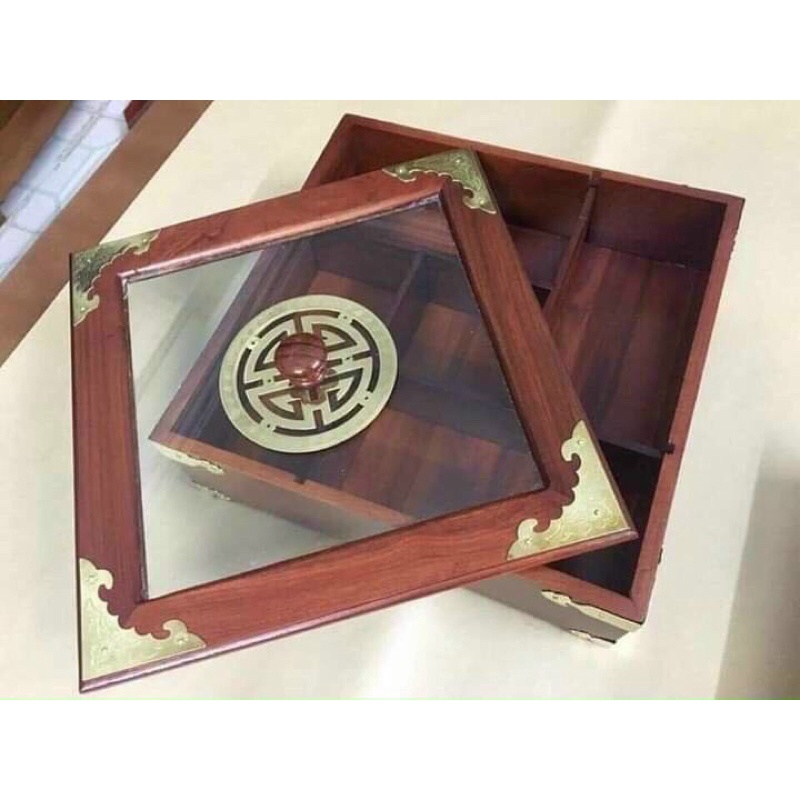 Khay Đựng Bánh Kẹo bằng Gỗ Hương Cao Cấp Vuông Kính Bọc Đồng