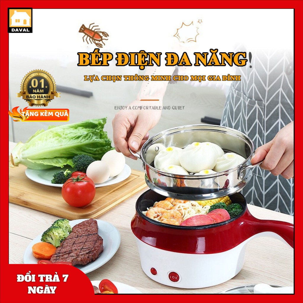 Nồi lẩu điện -Nồi điện mini 2 tầng đa năng chống dính kèm giá hấp nấu mì nấu cháo Chiên Hấp Rán nướng