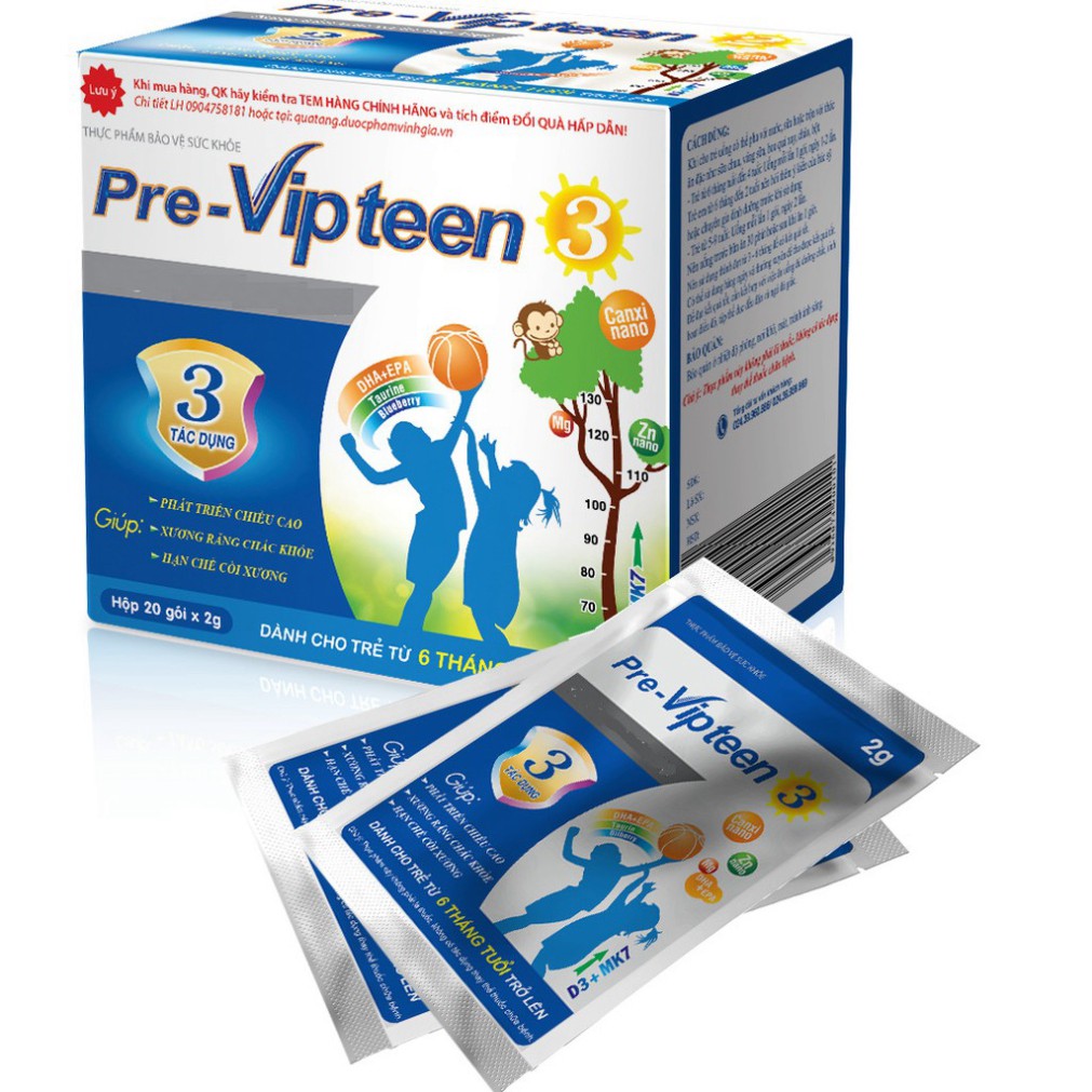 Gói uống Pre-Vipteen 3 - Hỗ trợ phát triển chiều cao, trí não cho trẻ (Hộp 20 gói)