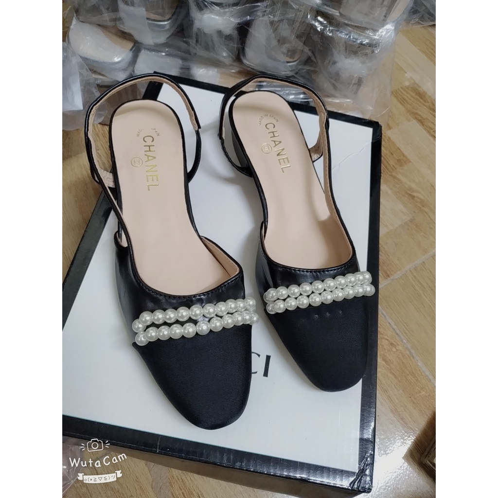 Giày cao gót Sandal 2 Phân Quai Cài Mũi chuỗi Ngọc Sang Chảnh X6