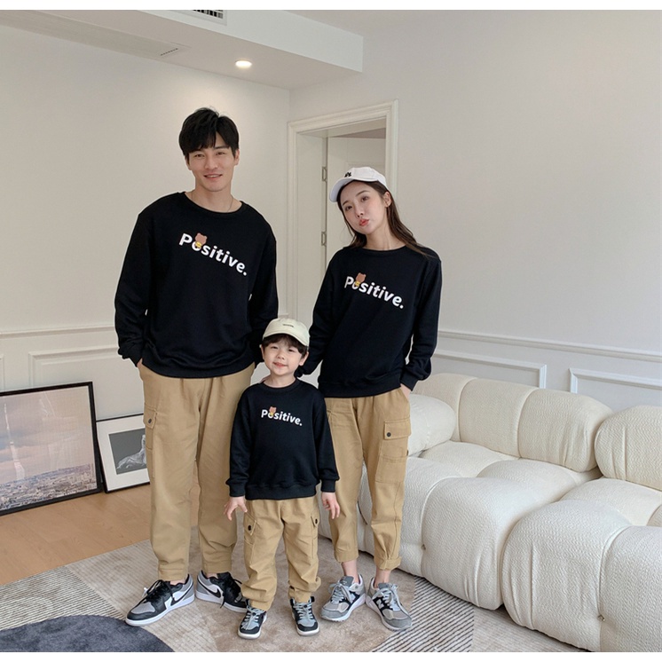 Áo Sweater Gia Đình Familylove- Mẫu Áo Gia Đình Sweater In Chữ Positive,chú Gấu Nhỏ Đáng Yêu  Chất Nỉ Da Cá Cotton 100%