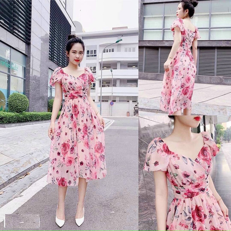 Đầm Xòe Tay Phồng Lụa Cao Cấp In Hoa Thời Trang Thiết Kế Tay Phồng Xinh Xắn, Kết Hợp Xếp Li, Form Dáng Xòe Xinh Xắn