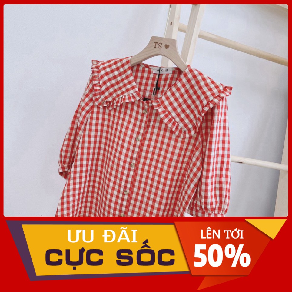 ÁO SƠ MI KẺ ĐỎ CỔ BÈO TAY LỠ SIÊU HOT SM43 kèm video+ảnh thật aosominuhot | BigBuy360 - bigbuy360.vn