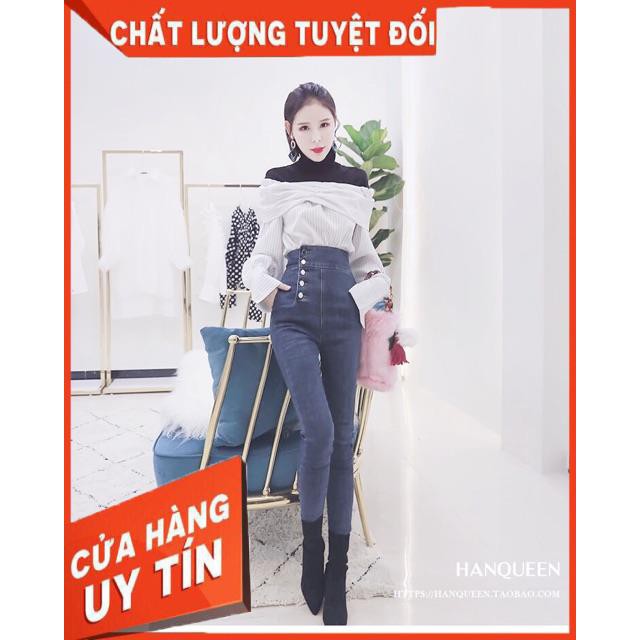 QUẦN JEANS LƯNG CAO TRƠN NÚT HÔNG- jeans siêu mềm giãn