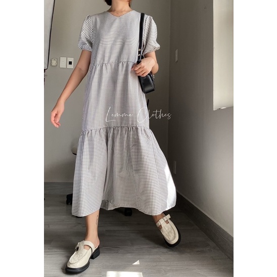 Đầm baby doll dáng dài sọc caro-Lemme