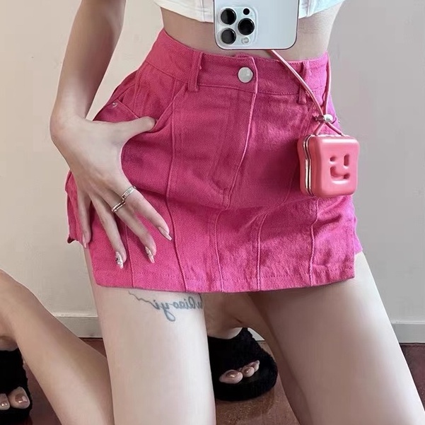 Hàng Có Sẵn Quần Short Jean Giả Váy Dáng Chữ A Lưng Cao Thời Trang Xuân Hè Màu Hồng Phong Cách Mới Dành Cho Bạn Nữ