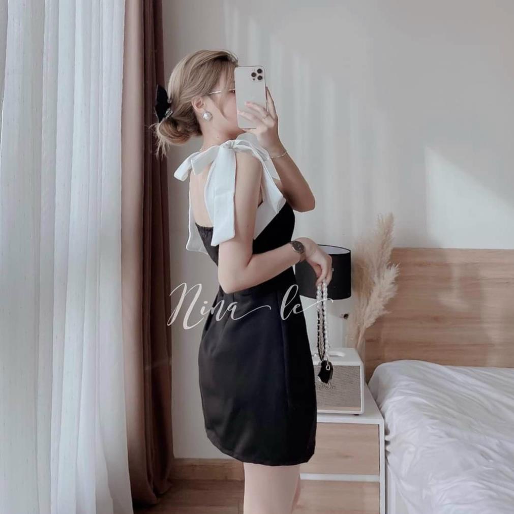 TSL váy ngắn dáng xòe mini 2 dây thắt nơ vai dịu dàng đen trắng dự tiệc nina lê