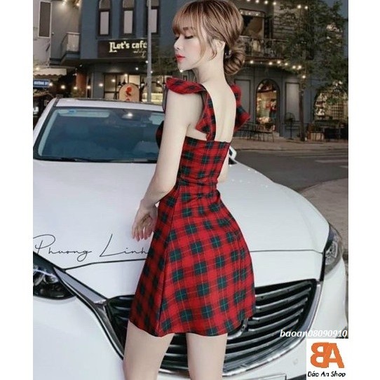 Đầm 2 dây caro cánh tiên có sẵn mút đệm ngực chất vải Kate Free Size dưới 52kg dành cho nữ