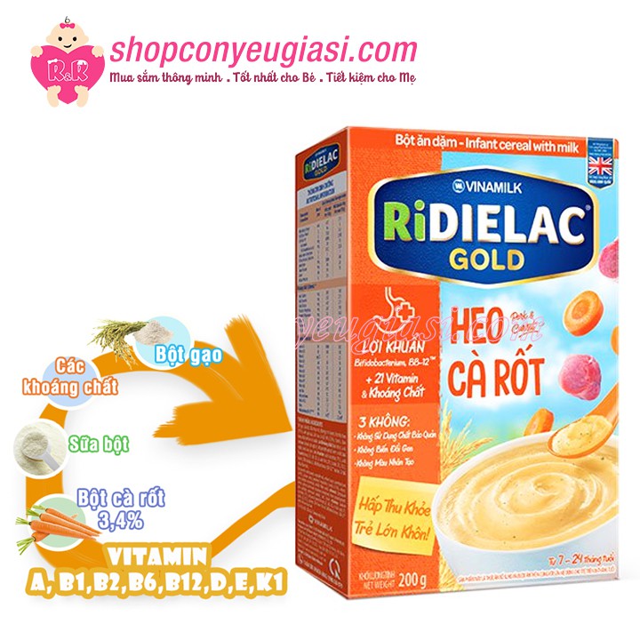 Bột Ăn Dặm RiDielac Heo Cà Rốt - Hộp Giấy 200g - Date 2023