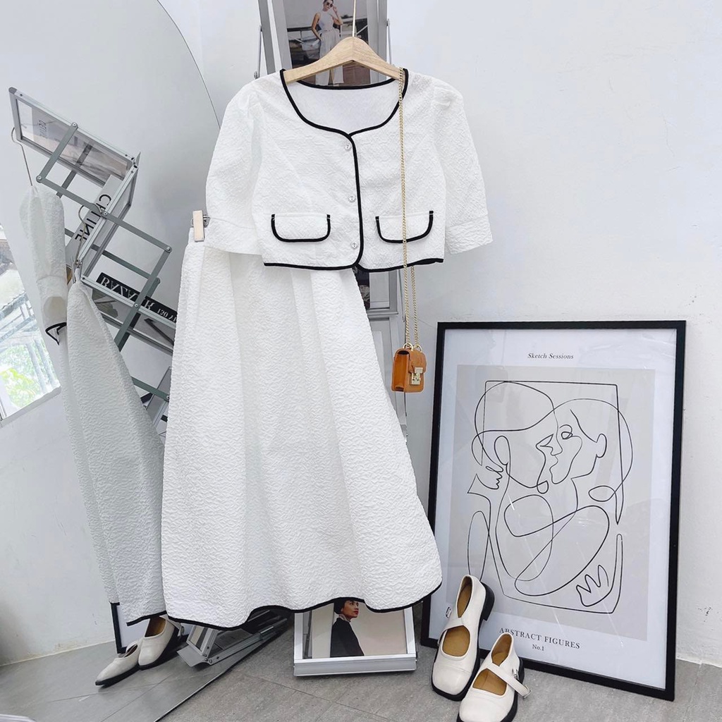 SET ÁO TRẮNG VIỀN ĐEN TÚI NẮP + CHÂN VÁY MIDI
