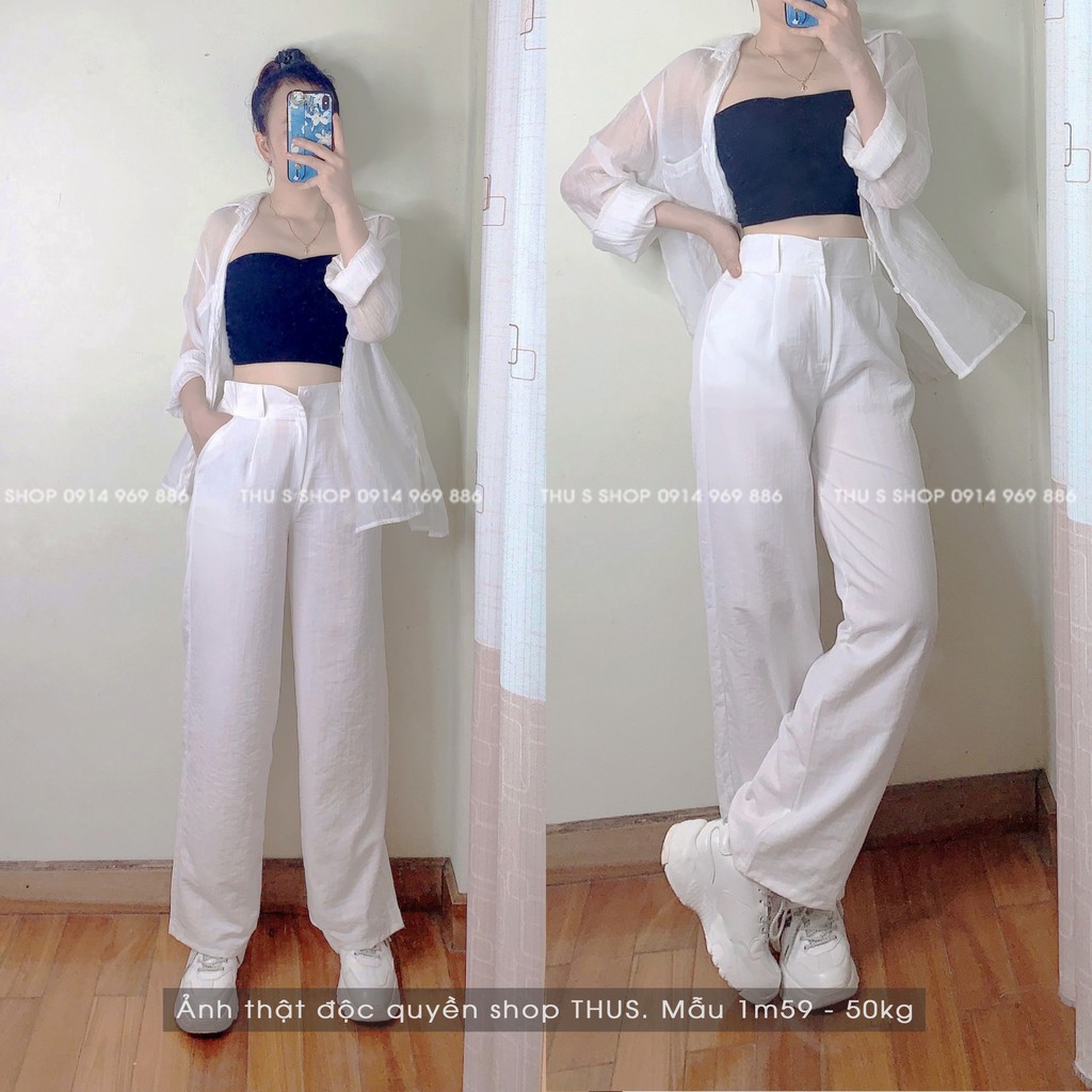 [Mã FAMARAL1 giảm 10K đơn 50K] Quần Ống Rộng nữ Siêu dài 100cm THUS Cullotes vải đũi mềm mát lưng cao Q2C04