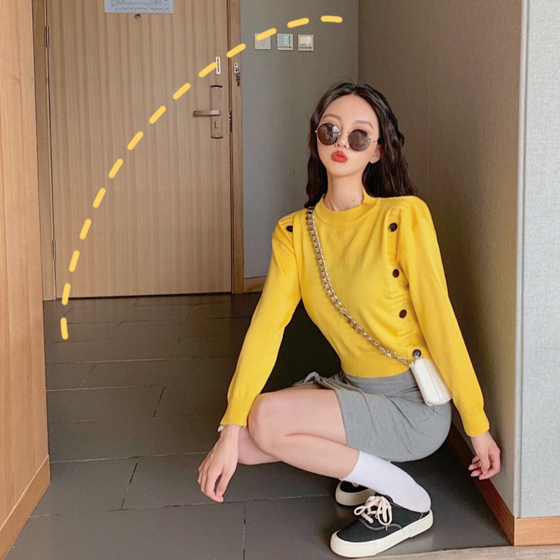 Women Long Sleeve Cute Solid Color Loose Round Collar Button Sweater | BigBuy360 - bigbuy360.vn