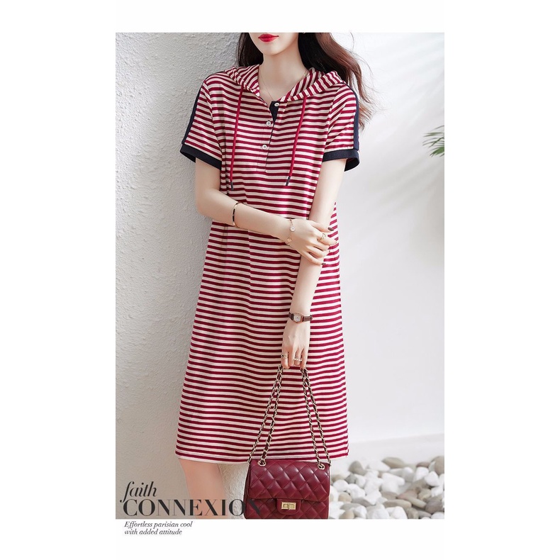 Striped hooded contrast color elegant fashion slightly fat foreign style hooded T-shirt dress