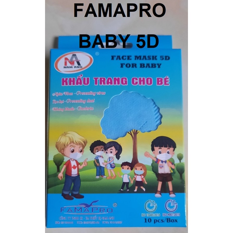 Khẩu trang y tế cho Bé 5D Baby -kháng khuẩn Famapro (Nam Anh) - Hộp 10 cái