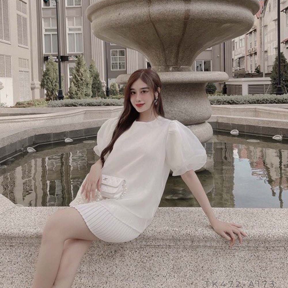 Áo babydoll nữ tay phồng áo kiểu nữ bayby doll chất liệu voan đi chơi 2 màu trắng hồng
