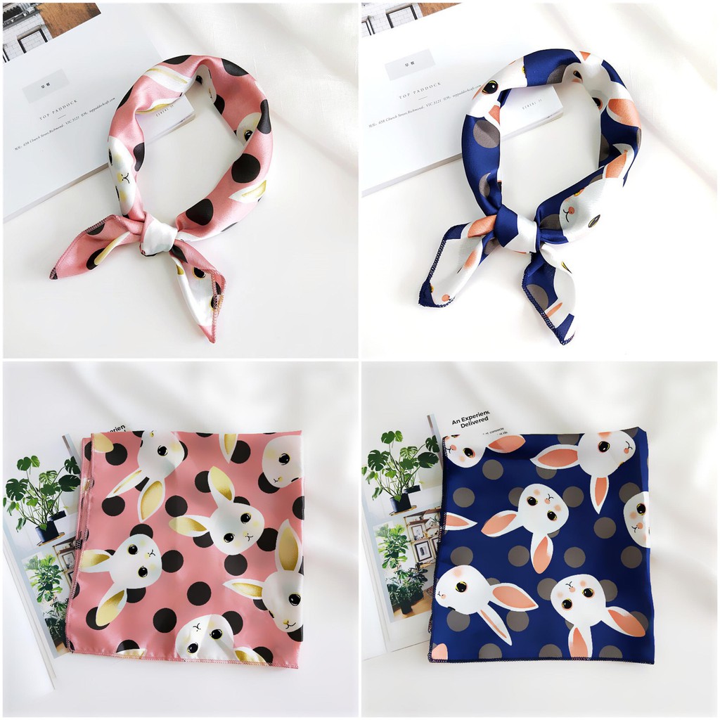 Khăn lụa satin vuông họa tiết thỏ size 48*48cm