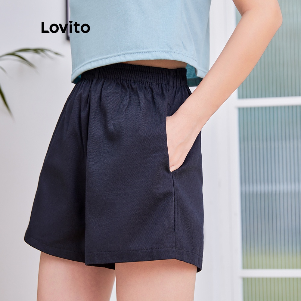 Quần short Lovito lưng cao màu trơn đơn giản dáng rộng phong cách cơ bản có túi L04154 (màu đen) | BigBuy360 - bigbuy360.vn