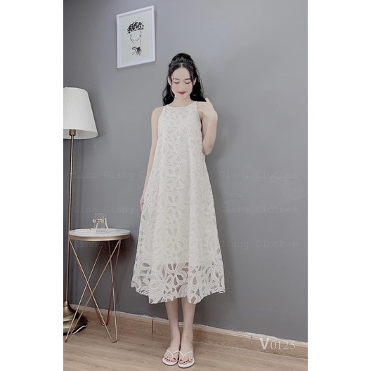 Váy Maxi Cổ Yếm Ren Hoa Nổi Hàng Lớp Siêu Xinh, Đầm Nữ Cổ Yếm Dáng Suông | BigBuy360 - bigbuy360.vn
