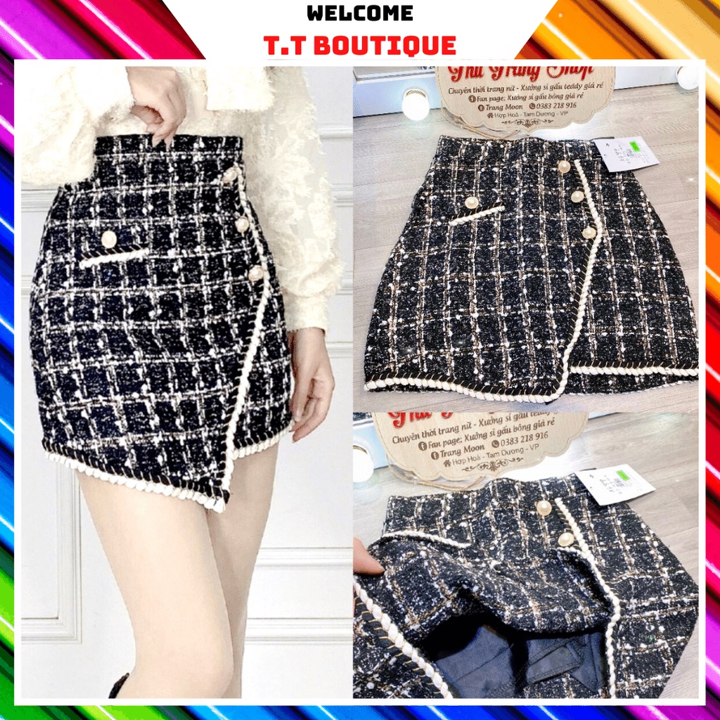 Chân váy Dạ Tweed chữ A, Chân váy chữ A dạ nhung kim tuyến có túi trước đính ngọc cao cấp kèm ảnh thật
