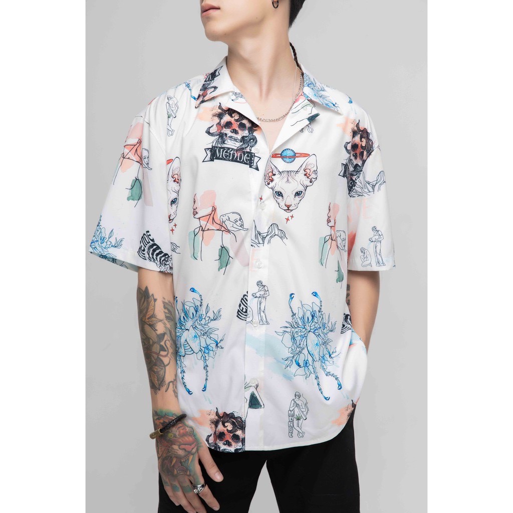 Áo sơ mi Mende Crayon local brand cổ vest tay ngắn nam nữ unisex form rộng họa tiết mèo chuẩn cao cấp 1:1 | BigBuy360 - bigbuy360.vn