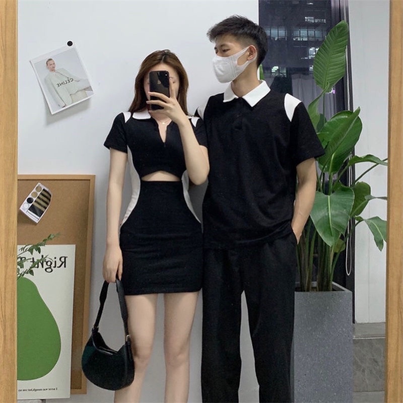 Bộ đồ đôi váy kết hợp áo phối 2 màu đen trắng phong cách hàn quốc