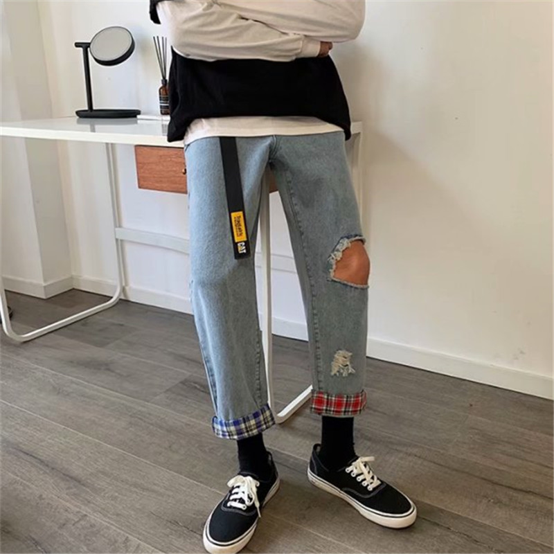 Summer Hong Kong style retro ins plaid trouser hemming jeans men's straight loose hole beggar pants Korean version of the trend of casual nine-point pants