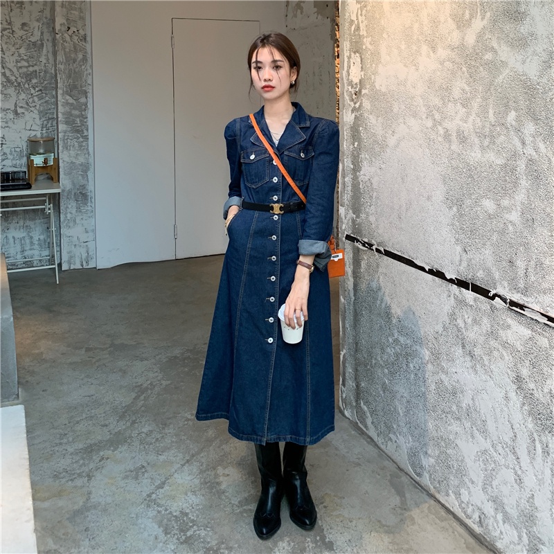 Váy Bò Nữ - Đầm Denim Tay Dài Phong Cách Vintage Siêu Xinh_ Hàng QCCC Kèm Ảnh Thật