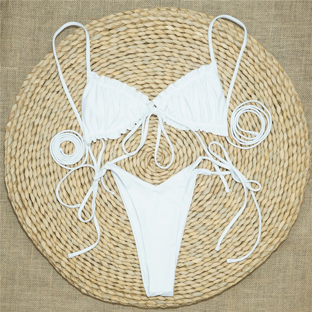 Set đồ bơi màu trơn phối nhún bèo thời trang quyến rũ cho nữ | BigBuy360 - bigbuy360.vn