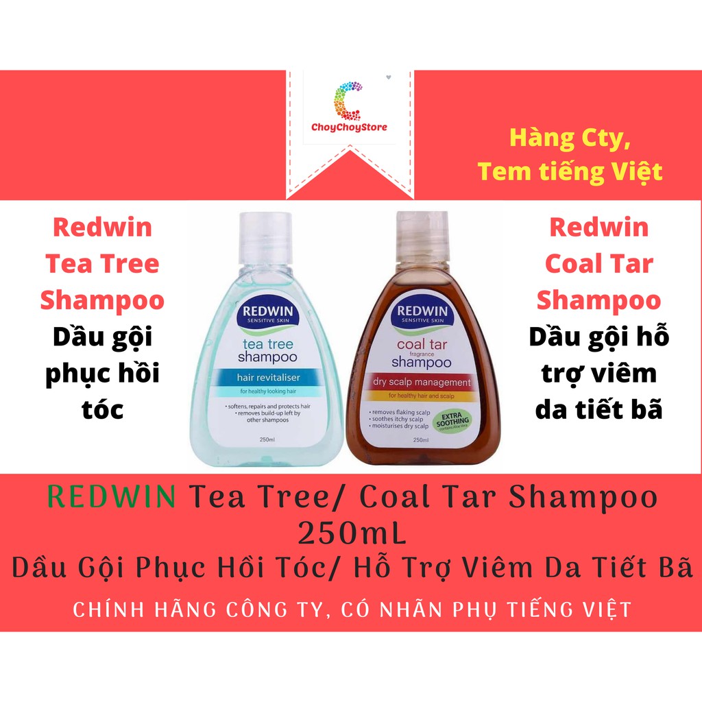 [TEM CTY] REDWIN Tea Tree &amp; Coal Tar Shampoo 250mL - Dầu Gội Phục Hồi Tóc, Hỗ Trợ Viêm Da Tiết Bã