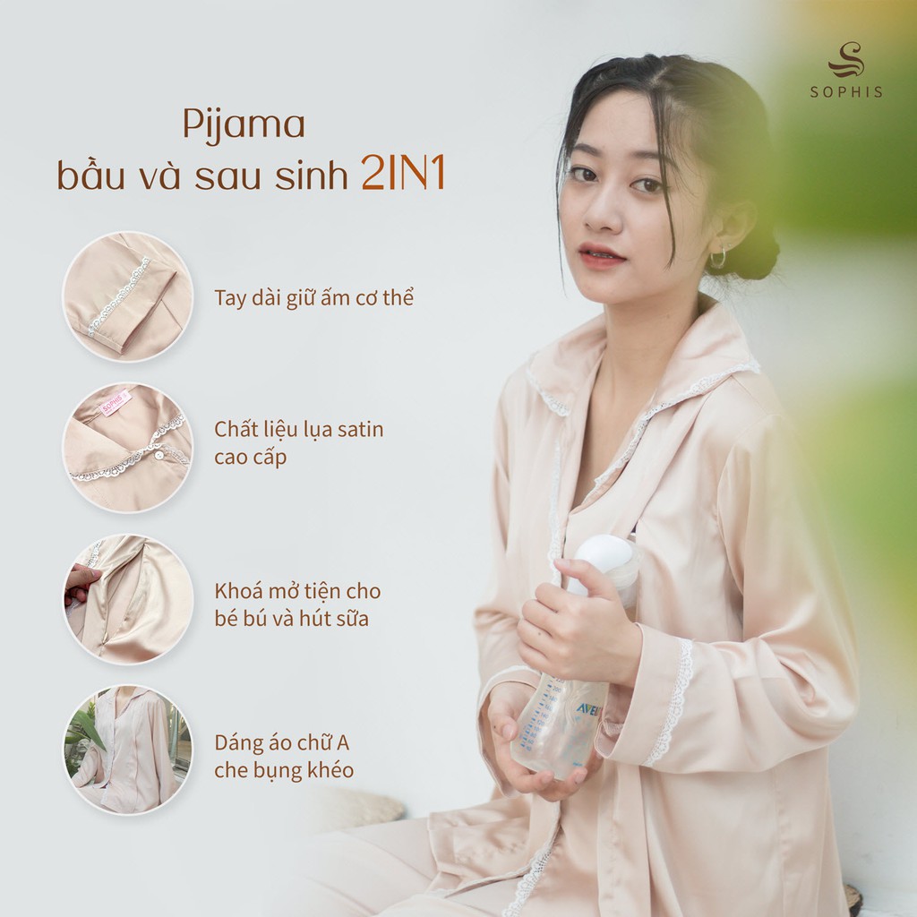 Pijam lụa sau sinh cho con bú bigsize, bầu - sau sinh 2IN1, hàng thiết kế cao cấp MPJ001 - Đỏ, Xanh cổ vịt, Beige