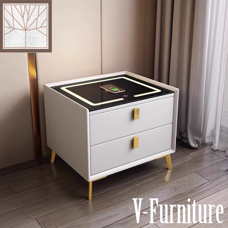 Táp đầu giường 2 ngăn bọc da có đèn LED cảm ứng và sạc không dây thông minh