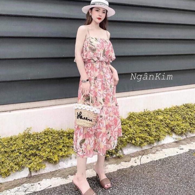 FEESHIP  Váy 2 dây đi biển hoa hướng dương ngực bèo đuôi cá chất lụa xinh xắn hót hít