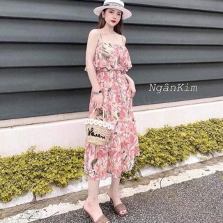 Váy 2 dây hoa hướng dương ngực bèo đuôi cá chất voan lụa