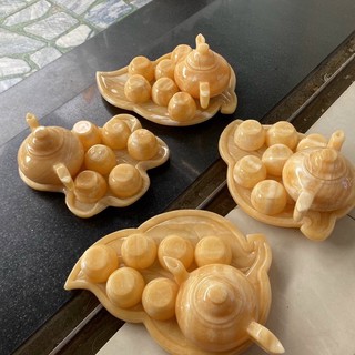 Bộ ấm chén trà ngọc_hoàng long màu vàng chạm điêu khắc loại 1