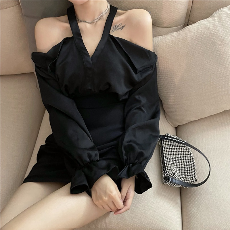 [MURIOKI] Đầm Hai Dây Ôm Dáng Màu Đen Phong Cách Hàn Quốc Cổ Điển Quyến Rũ Dành Cho Nữ