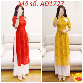 ⚡️ có big size 5XL ⚡️ AD1727 SET ÁO DÀI CÁCH TÂN REN 4 TÀ ĐÍNH HOA TRẮNG KÈM QUẦN