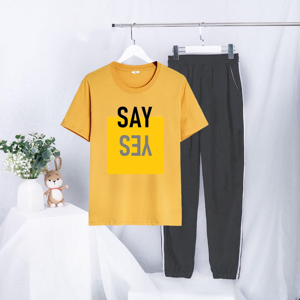 Sét Bộ Đồ Ulzzang Nữ - Áo Cotton Màu Vàng Mix Quần Dài Sọc Bo Gấu Mặc Đi Chơi Dạo Phố Giá Rẻ In Chữ SAY YES