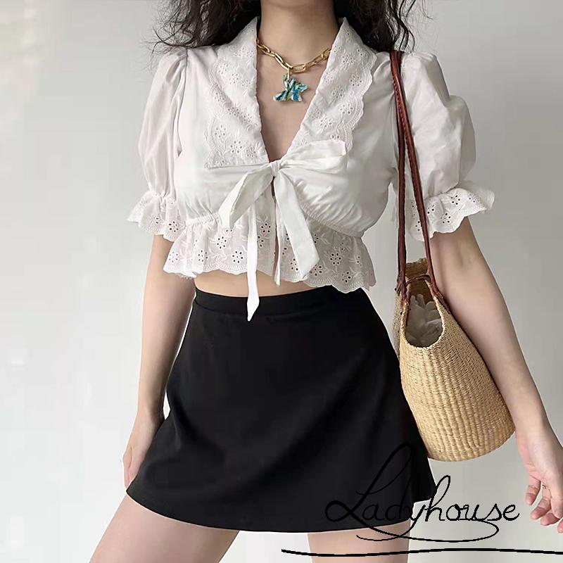 Áo Croptop Cổ Chữ V Tay Phồng Màu Trơn Thời Trang Mùa Hè Dành Cho Nữ