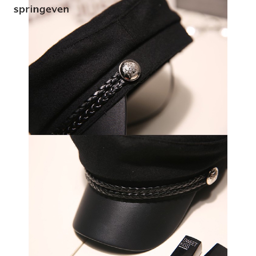 springeven Leather Military Hat  Sailor Hats Flat Top Captain Cap Travel Cadet Hat RFT