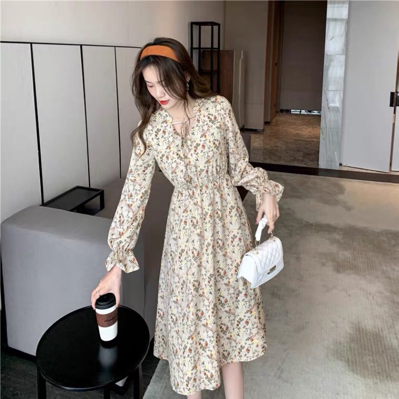 Đầm nữ in hoa tay dài thời trang retro phong cách Hàn Quốc