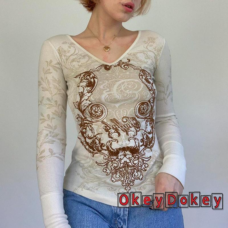 Áo Thun Tay Dài Cổ Chữ V In Họa Tiết Fairycore Grunge y2k Phong Cách Vintage Dành Cho Nữ
