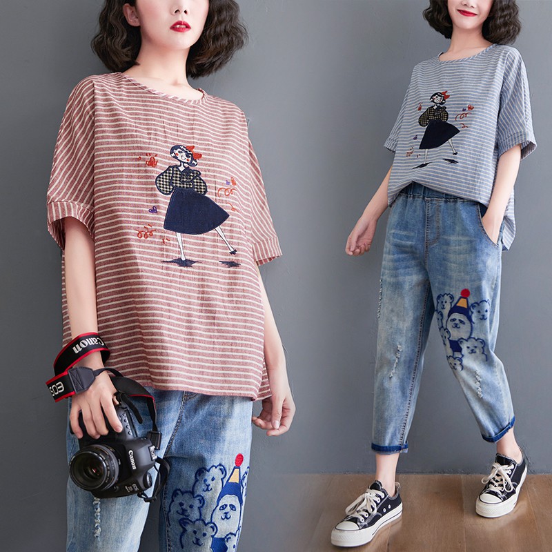 B324 Áo bigsize dáng suông phối họa tiết kẻ ngang trẻ trung