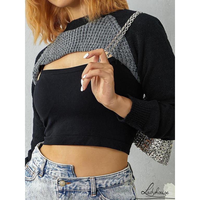 Áo Sweater Lửng Tay Dài Cổ Tròn Cắt Xẻ Màu Xám Ghép Vải Shrug Dành Cho Bạn Nữ LDD
