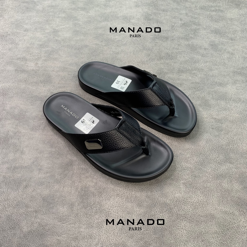 Dép xỏ ngón, dép quai kẹp nam cao cấp Manado Mã MND09 màu đen fullbox, quai da bò mềm mại, đế cao su thiết kế chắc chắn
