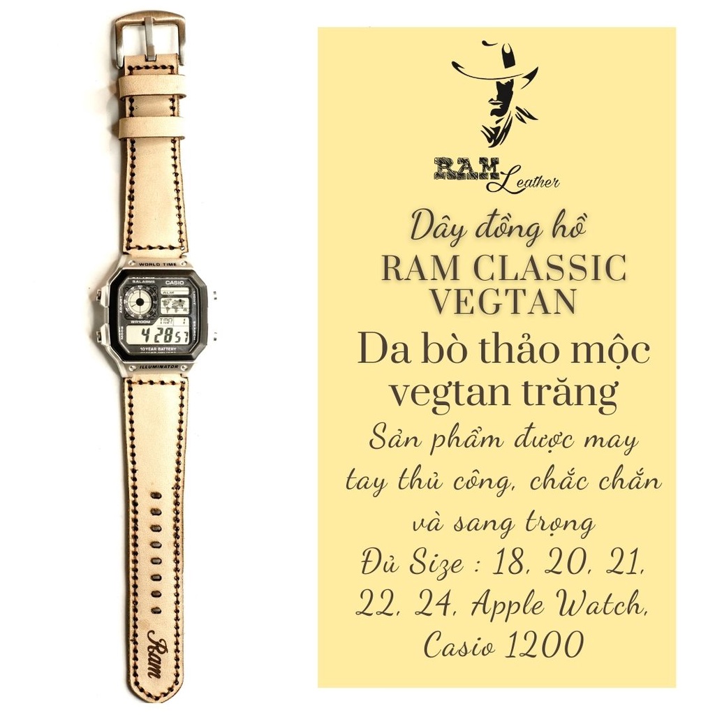 Dây đồng hồ RAM Leather da bò Italia Vegtan cho CASIO 1200, AE 1200, 1300, 1100, A159 , A168 , Size 18