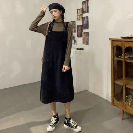 Yếm Váy nhung dáng dài , thời trang  hàn quốc , yếm Váy nhung  hàn quốc phối áo len cổ 3 phân | BigBuy360 - bigbuy360.vn