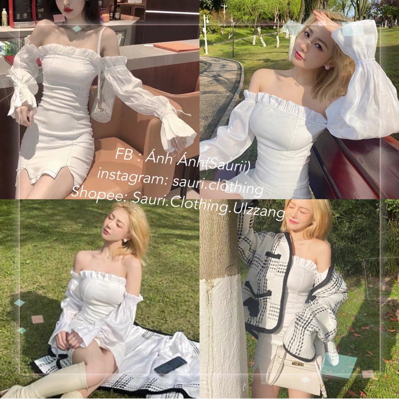 Đầm ôm body xẻ đùi sang chảnh sexy quyến rũ đi tiệc tiểu thư trễ vai tay lụa bóng cột nơ | BigBuy360 - bigbuy360.vn