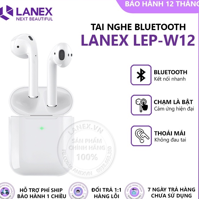Tai nghe Bluetooth LANEX LEP-W12 TWS Chính hãng (Cảm ứng, 2 bên, v5.0)